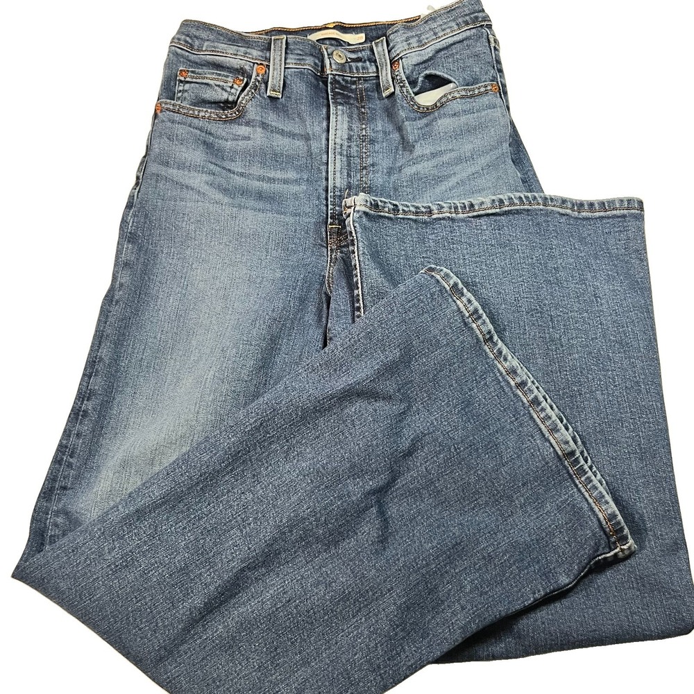 Levi's Ribcage Bell Jeans Womens 28x32 High Rise Med Wash Whiskering Stretch EUC